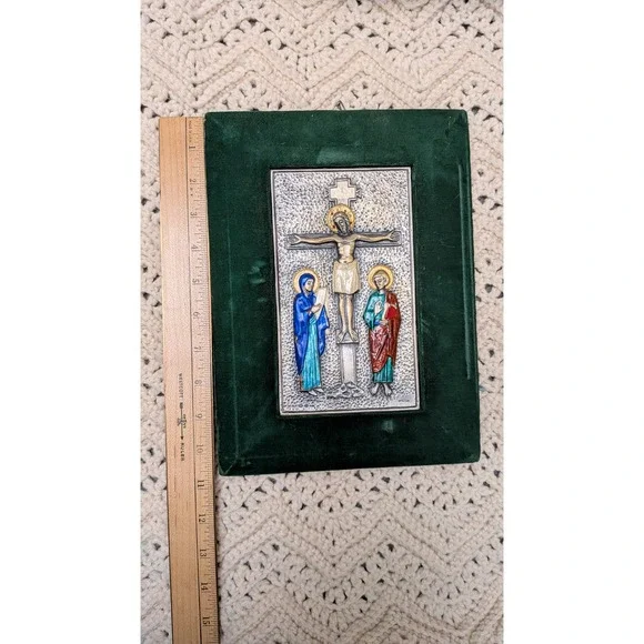 Ottaviani Italy 925 Sterling Silver Enamel Crucifixion Plaque Green Velvet Frame